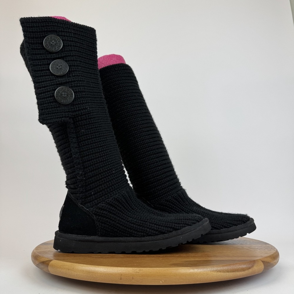 Womens Ugg Classic Cardy‎ Tall Knit Black Button Sweater Boots Size 7 M GUC